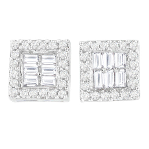 Bids.com 14K White Gold 1 cttw Round and Baguette Diamond Stud Earrings (H-I, SI1-SI2) Earrings Light Gray White.Gold / 0.99
