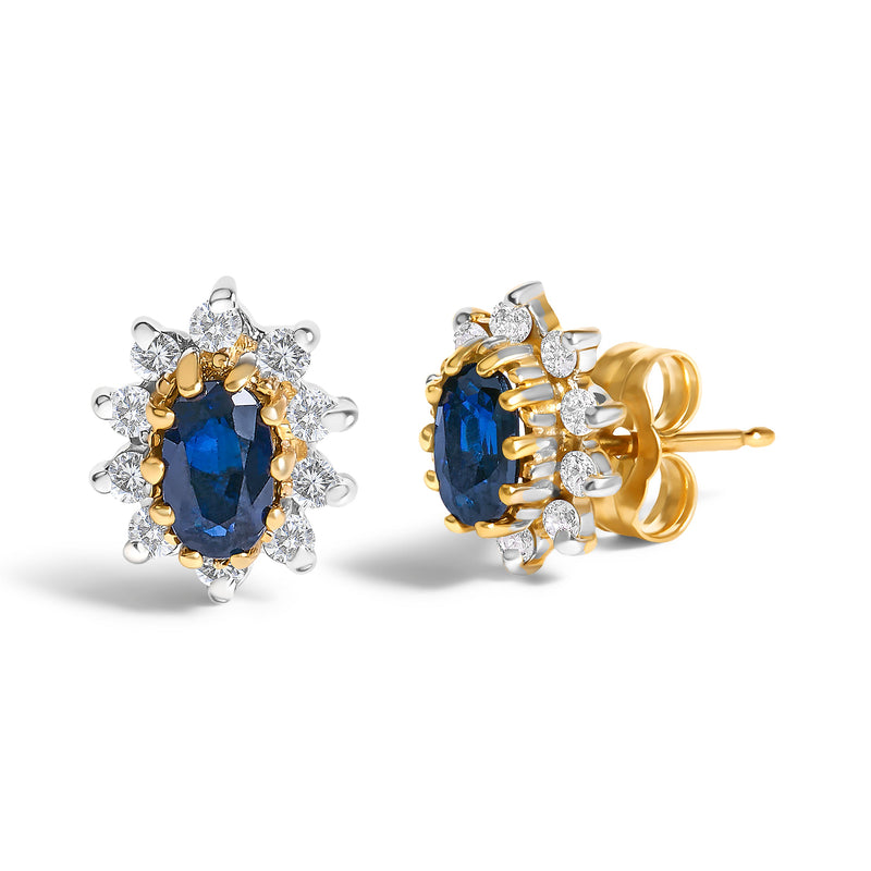 Bids.com 14K Yellow Gold 1/4 Cttw Diamond and Blue Sapphire Sunburst Halo Stud Earrings (K-L Color, I1-I2 Clarity) Earrings White Smoke Yellow.Gold / 0.25