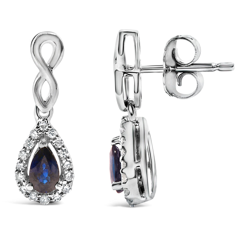 Bids.com 10K White Gold Pear Cut Blue Sapphire and 1/7 Cttw Diamond Infinity Drop and Dangle Earrings (I-J Color, I1-I2 Clarity) Earrings White Smoke White.Gold / 0.14