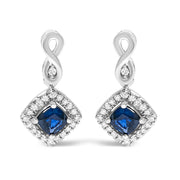 Bids.com 10K White Gold Blue  Sapphire and Diamond Halo Cushion Shaped Drop Earrings (I-J Color, I1-I2 Clarity) Earrings White Smoke White.Gold / 0.187