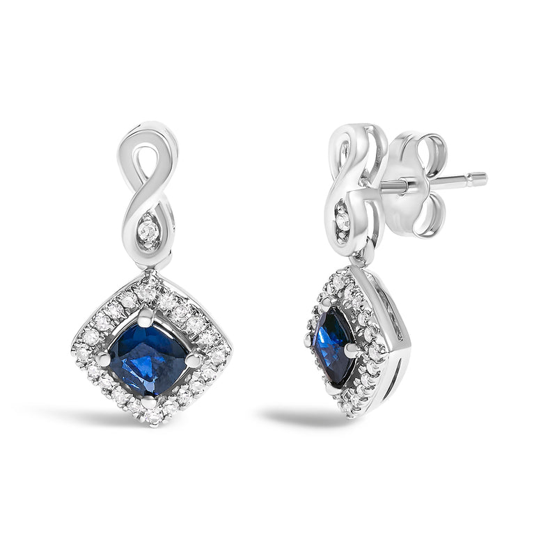 Bids.com 10K White Gold Blue  Sapphire and Diamond Halo Cushion Shaped Drop Earrings (I-J Color, I1-I2 Clarity) Earrings White Smoke White.Gold / 0.187