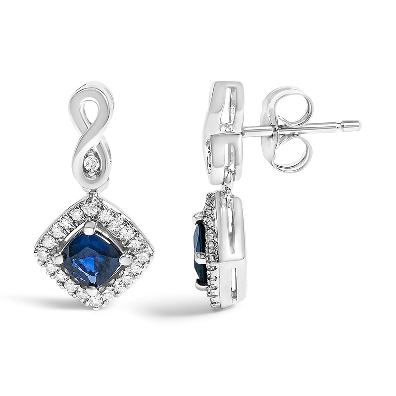 Bids.com 10K White Gold Blue  Sapphire and Diamond Halo Cushion Shaped Drop Earrings (I-J Color, I1-I2 Clarity) Earrings White Smoke White.Gold / 0.187