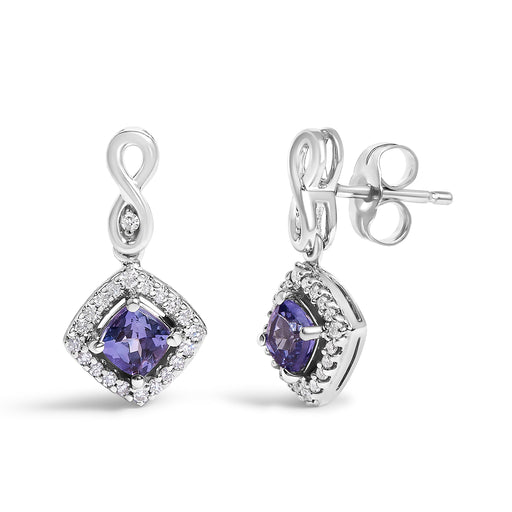 Bids.com 10K White Gold Blue Purple Tanzanite and Diamond Halo Cushion Shaped Drop Earrings (I-J Color, I1-I2 Clarity) Earrings White Smoke White.Gold / 0.187
