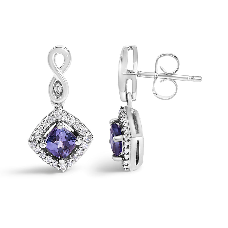 Bids.com 10K White Gold Blue Purple Tanzanite and Diamond Halo Cushion Shaped Drop Earrings (I-J Color, I1-I2 Clarity) Earrings White Smoke White.Gold / 0.187
