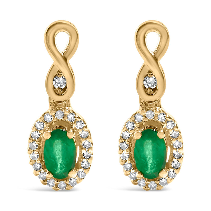 Bids.com 10K Yellow Gold Oval Cut Green Emerald 5x3 mm and 1/7 Cttw Round Diamond Dangle Earrings Earrings White Smoke Yellow.Gold / 0.164