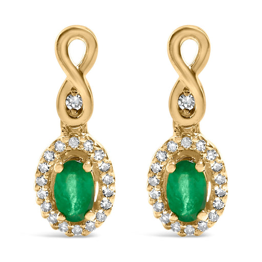 Bids.com 10K Yellow Gold Oval Cut Green Emerald 5x3 mm and 1/7 Cttw Round Diamond Dangle Earrings Earrings White Smoke Yellow.Gold / 0.164