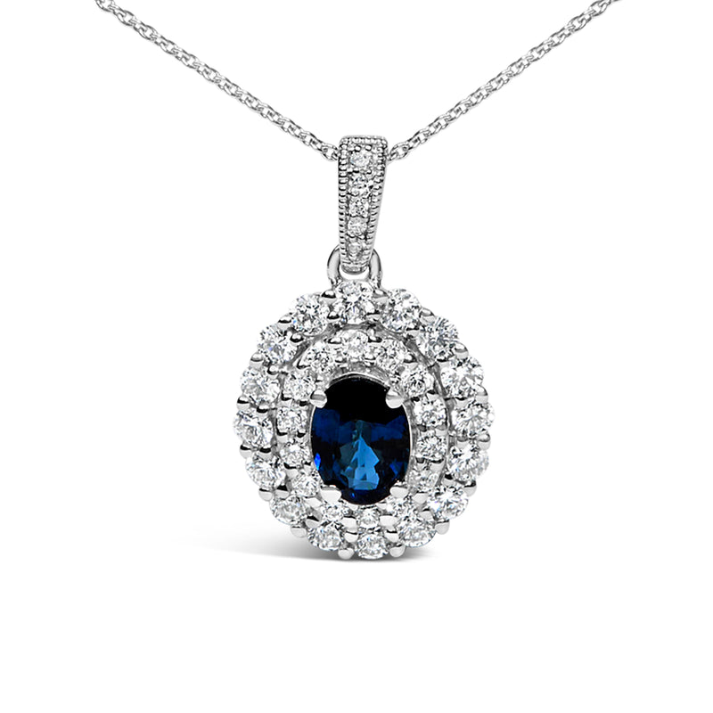 Bids.com 14K White Gold Oval Blue Sapphire and 3/4 Cttw Diamond Halo Pendant Necklace Necklaces White Smoke White.Gold / 18