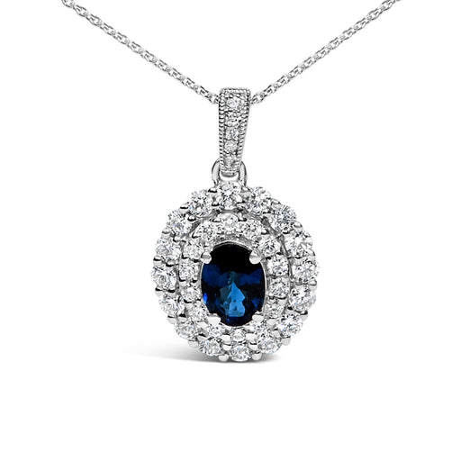 Bids.com 14K White Gold Oval Blue Sapphire and 3/4 Cttw Diamond Halo Pendant Necklace Necklaces White Smoke White.Gold / 18
