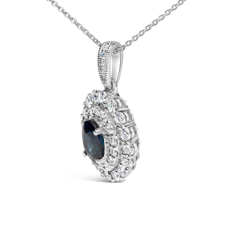 Bids.com 14K White Gold Oval Blue Sapphire and 3/4 Cttw Diamond Halo Pendant Necklace Necklaces White Smoke White.Gold / 18