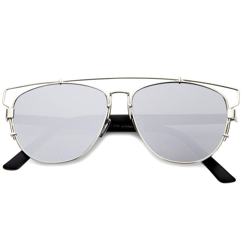 zeroUV Modern Metal Crossbar Mirrored Lens Flat Front Sunglasses A145 Sunglasses White Smoke Silver Full Mirror