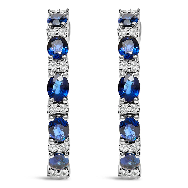 Bids.com 14K White Gold 4x3mm Oval Blue Sapphire and 1/4 Cttw Diamond Alternating Hoop Earring (I-J Color, SI2-I1 Clarity) Earrings White Smoke White.Gold / 0.252