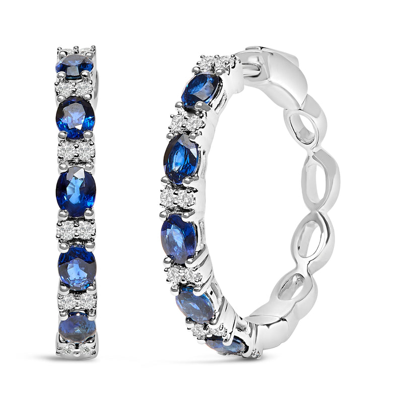 Bids.com 14K White Gold 4x3mm Oval Blue Sapphire and 1/4 Cttw Diamond Alternating Hoop Earring (I-J Color, SI2-I1 Clarity) Earrings White Smoke White.Gold / 0.252