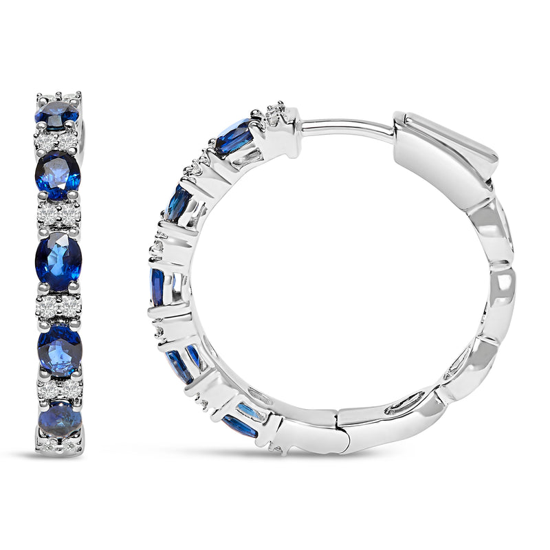 Bids.com 14K White Gold 4x3mm Oval Blue Sapphire and 1/4 Cttw Diamond Alternating Hoop Earring (I-J Color, SI2-I1 Clarity) Earrings White Smoke White.Gold / 0.252