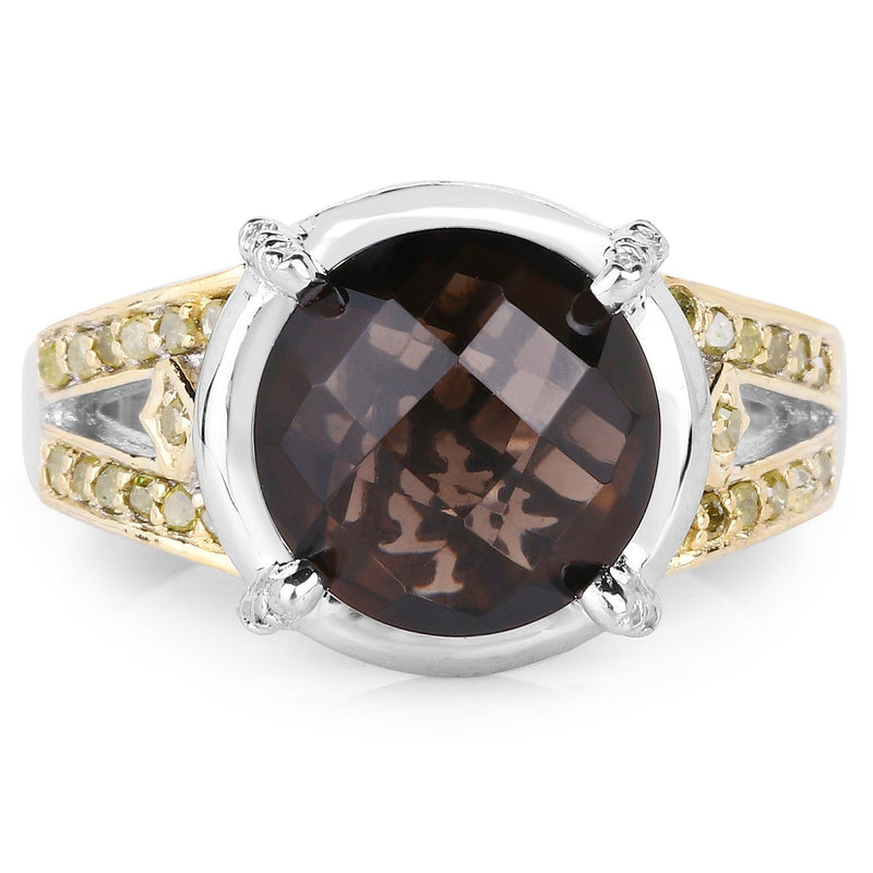 Bids.com 3.28 Carat Genuine Smoky Quartz, Yellow Diamond & White Diamond .925 Sterling Silver Ring Rings White Smoke size 6.00,size 7.00,size 8.00,size 9.00,size 5.00,size 10.00,size 4.00