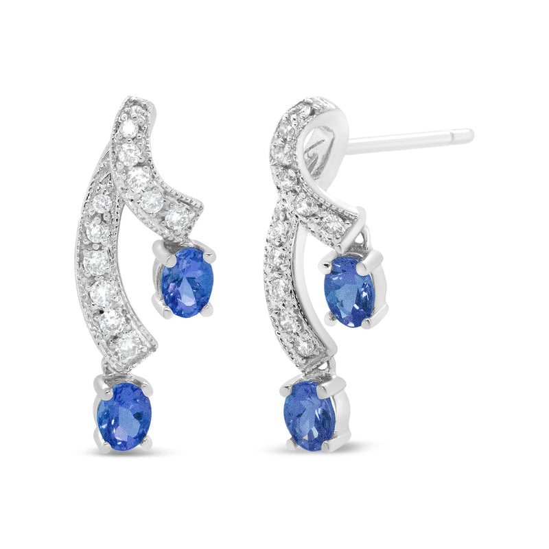 Bids.com 14K White Gold 4x3MM Oval Shaped Natural Blue Tanzanite Gemstone and 1/5 Cttw Diamond Double 3/4" Inch Drop Stud Earrings (H-I Color, VS1-VS2 Clarity) Earrings White Smoke White.Gold / 0.2