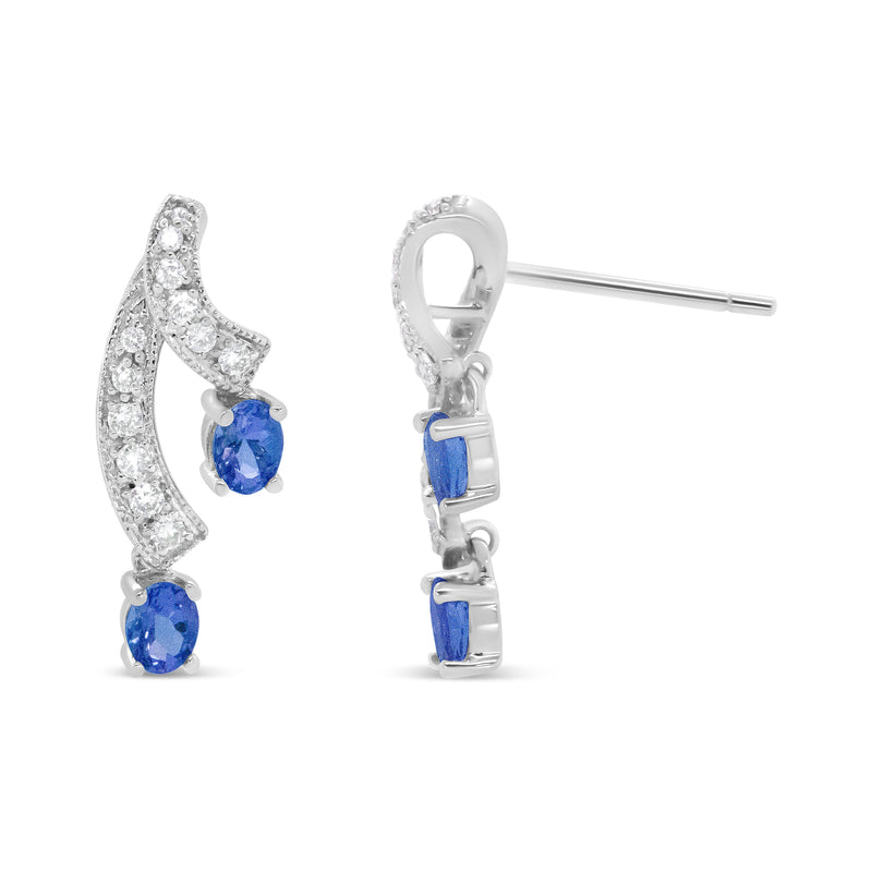 Bids.com 14K White Gold 4x3MM Oval Shaped Natural Blue Tanzanite Gemstone and 1/5 Cttw Diamond Double 3/4" Inch Drop Stud Earrings (H-I Color, VS1-VS2 Clarity) Earrings White Smoke White.Gold / 0.2