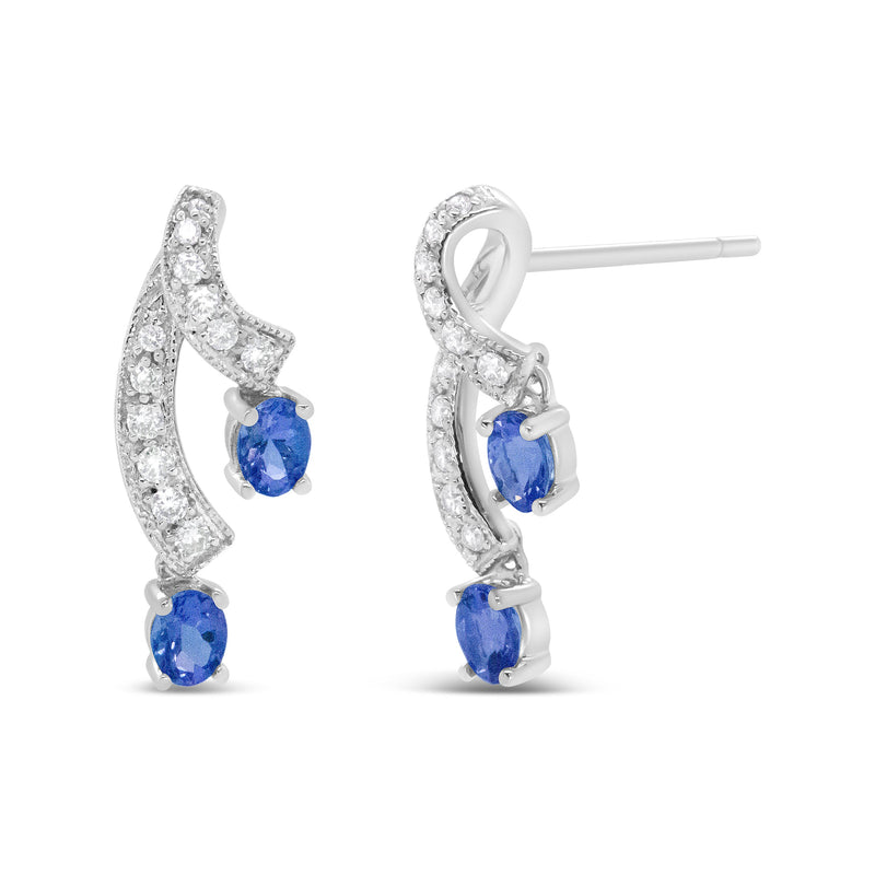 Bids.com 14K White Gold 4x3MM Oval Shaped Natural Blue Tanzanite Gemstone and 1/5 Cttw Diamond Double 3/4" Inch Drop Stud Earrings (H-I Color, VS1-VS2 Clarity) Earrings White Smoke White.Gold / 0.2