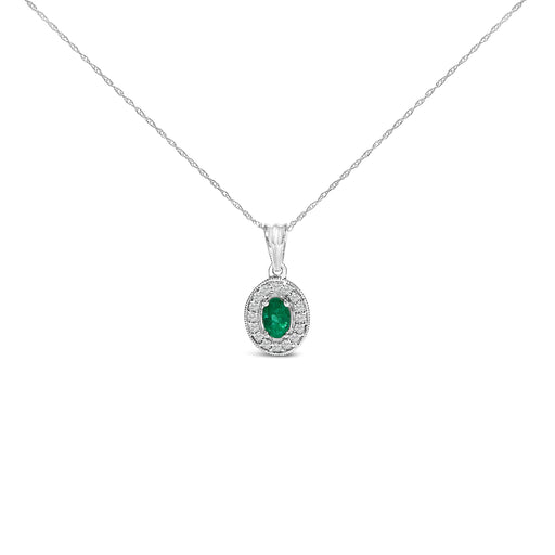 Bids.com 14K White Gold Oval 6x4 MM Green Emerald and Diamond Halo Pendant Necklace - 18 inch Necklaces White Smoke White.Gold / 18