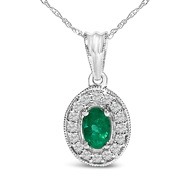 Bids.com 14K White Gold Oval 6x4 MM Green Emerald and Diamond Halo Pendant Necklace - 18 inch Necklaces White Smoke White.Gold / 18
