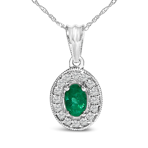 Bids.com 14K White Gold Oval 6x4 MM Green Emerald and Diamond Halo Pendant Necklace - 18 inch Necklaces White Smoke White.Gold / 18