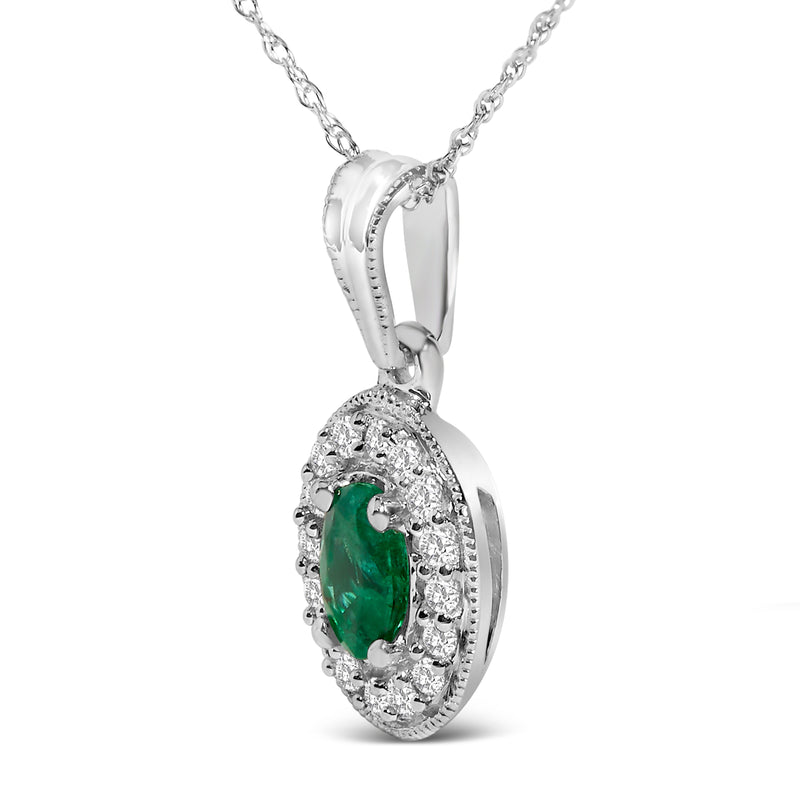 Bids.com 14K White Gold Oval 6x4 MM Green Emerald and Diamond Halo Pendant Necklace - 18 inch Necklaces White Smoke White.Gold / 18