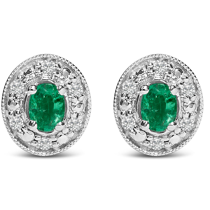 Bids.com 14K White Gold Oval Green Emerald and 1/10 Cttw Diamond Halo Stud Earrings  (I-J Color, I1-I2 Clarity) Earrings White Smoke White.Gold / 0.102