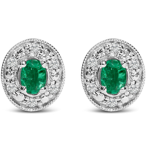 Bids.com 14K White Gold Oval Green Emerald and 1/10 Cttw Diamond Halo Stud Earrings  (I-J Color, I1-I2 Clarity) Earrings White Smoke White.Gold / 0.102
