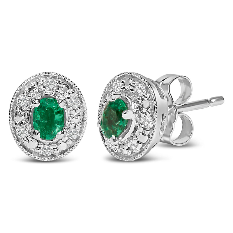 Bids.com 14K White Gold Oval Green Emerald and 1/10 Cttw Diamond Halo Stud Earrings  (I-J Color, I1-I2 Clarity) Earrings White Smoke White.Gold / 0.102
