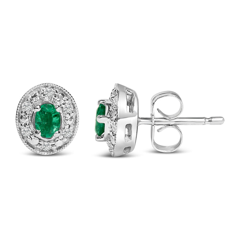 Bids.com 14K White Gold Oval Green Emerald and 1/10 Cttw Diamond Halo Stud Earrings  (I-J Color, I1-I2 Clarity) Earrings White Smoke White.Gold / 0.102