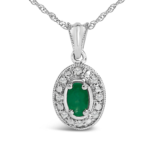 Bids.com 14K White Gold Oval Green Emerald and Diamond Halo Pendant Necklace - 18" Inches Necklaces White Smoke White.Gold / 18