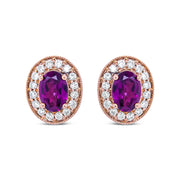 Bids.com 14K Rose Gold 7x5mm Oval Cut Garnet and 3/8 Cttw Round Diamond Halo Stud Earrings (G-H Color, SI1-SI2 Clarity) Earrings White Smoke Rose.Gold / 0.4