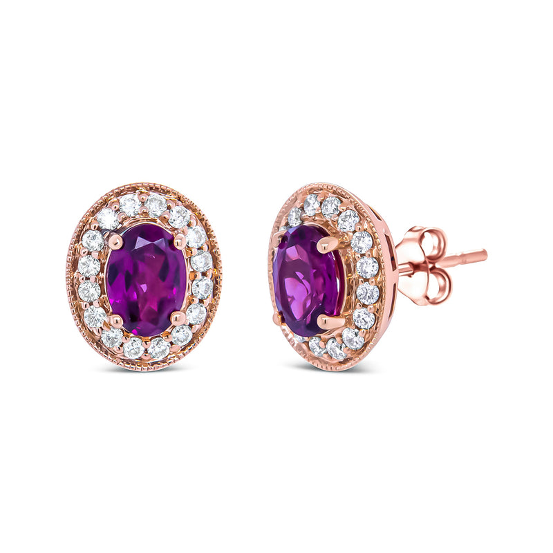 Bids.com 14K Rose Gold 7x5mm Oval Cut Garnet and 3/8 Cttw Round Diamond Halo Stud Earrings (G-H Color, SI1-SI2 Clarity) Earrings White Smoke Rose.Gold / 0.4
