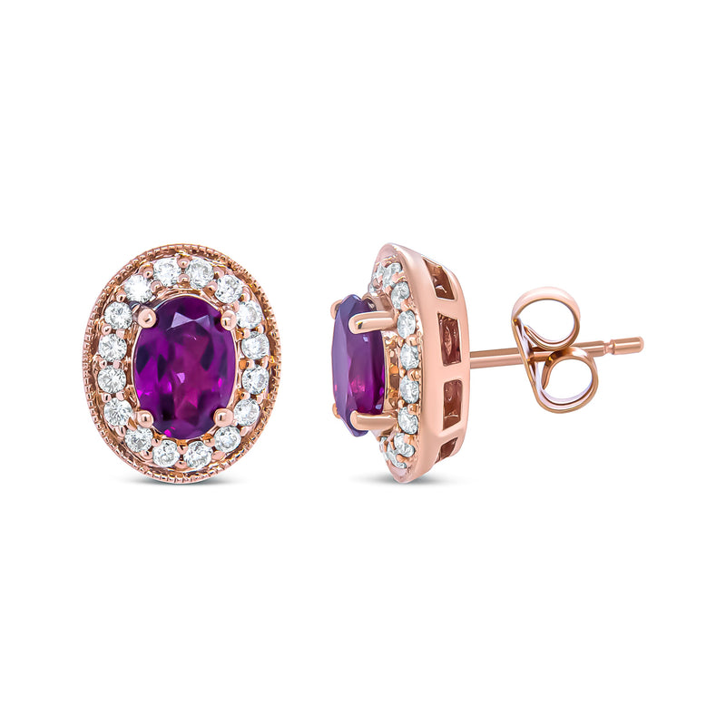 Bids.com 14K Rose Gold 7x5mm Oval Cut Garnet and 3/8 Cttw Round Diamond Halo Stud Earrings (G-H Color, SI1-SI2 Clarity) Earrings White Smoke Rose.Gold / 0.4