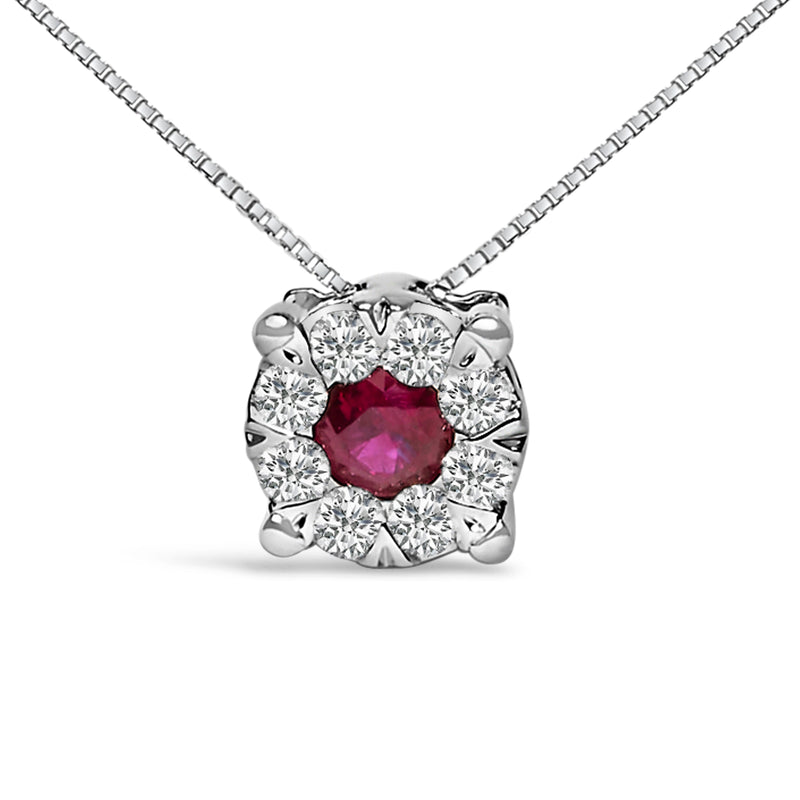 Bids.com 14K White Gold Red Ruby and 1/3 Cttw Diamond Halo Pendant Necklace Necklaces White Smoke White.Gold / 18