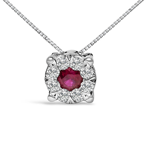 Bids.com 14K White Gold Red Ruby and 1/3 Cttw Diamond Halo Pendant Necklace Necklaces White Smoke White.Gold / 18