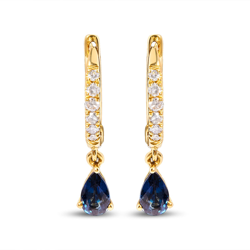 Bids.com 10K Yellow Gold Pear Blue Sapphire and 1/10 Cttw Diamond Drop and Dangle Huggy Hoop Earrings (H-I Color, I1-I2 Clarity) Earrings White Smoke Yellow.Gold / 0.118