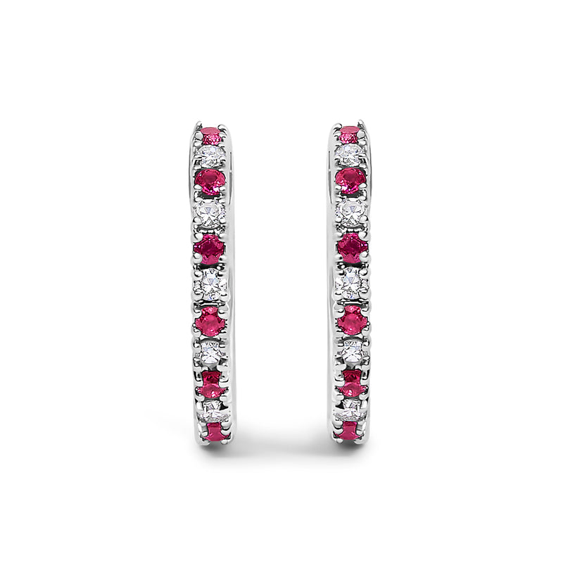 Bids.com 10K White Gold Alternating Diamond and Red Ruby Huggy Hoop Earrings (I-J Color, I1-I2 Clarity) Earrings White Smoke White.Gold / 0.105,Yellow.Gold / 0.105