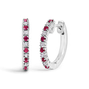 Bids.com 10K White Gold Alternating Diamond and Red Ruby Huggy Hoop Earrings (I-J Color, I1-I2 Clarity) Earrings White Smoke White.Gold / 0.105