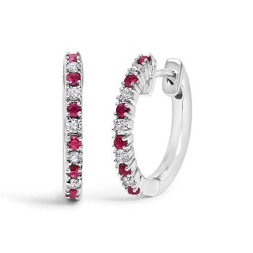 Bids.com 10K White Gold Alternating Diamond and Red Ruby Huggy Hoop Earrings (I-J Color, I1-I2 Clarity) Earrings White Smoke White.Gold / 0.105