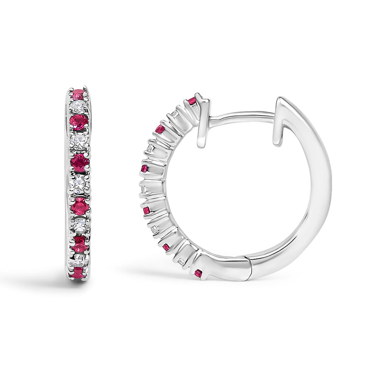 Bids.com 10K White Gold Alternating Diamond and Red Ruby Huggy Hoop Earrings (I-J Color, I1-I2 Clarity) Earrings White Smoke White.Gold / 0.105,Yellow.Gold / 0.105