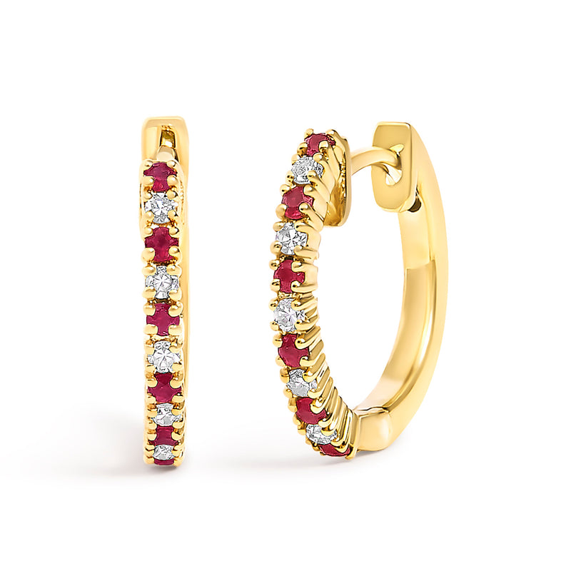 Bids.com 10K White Gold Alternating Diamond and Red Ruby Huggy Hoop Earrings (I-J Color, I1-I2 Clarity) Earrings White Smoke Yellow.Gold / 0.105