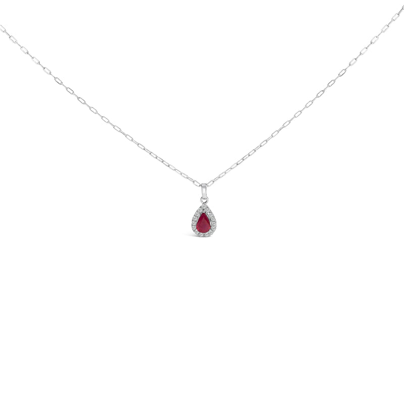 Bids.com 14K White Gold 6x4 Pear Red Ruby and Diamond Halo Pendant Necklace - 18" Inches Necklaces White Smoke White.Gold / 18