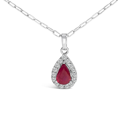 Bids.com 14K White Gold 6x4 Pear Red Ruby and Diamond Halo Pendant Necklace - 18" Inches Necklaces White Smoke White.Gold / 18