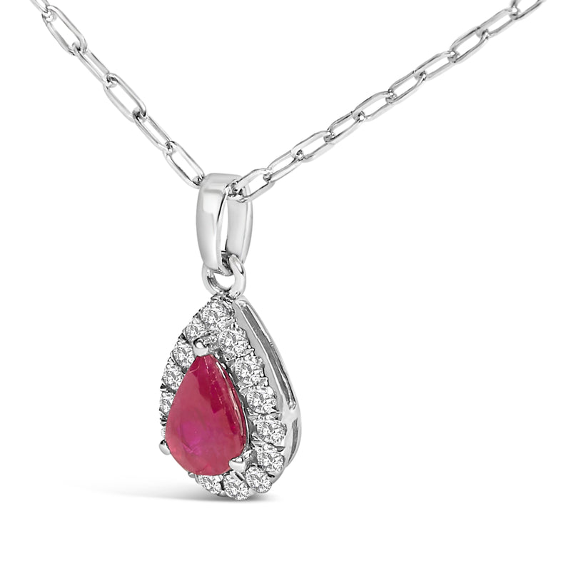 Bids.com 14K White Gold 6x4 Pear Red Ruby and Diamond Halo Pendant Necklace - 18" Inches Necklaces White Smoke White.Gold / 18