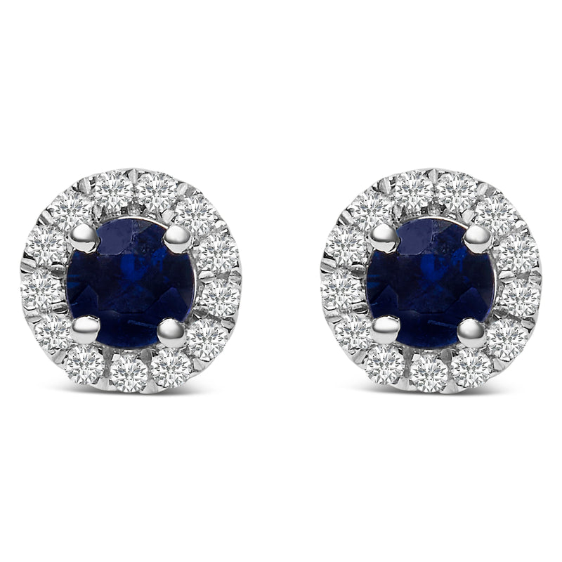 Bids.com 10K White Gold 3.25mm x 3.25mm Round Blue Sapphire and 1/10 Cttw Diamond Halo Stud Earrings (I-J Color, I1-I2 Clarity) Earrings White Smoke White.Gold / 0.117