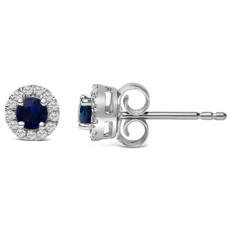 Bids.com 10K White Gold 3.25mm x 3.25mm Round Blue Sapphire and 1/10 Cttw Diamond Halo Stud Earrings (I-J Color, I1-I2 Clarity) Earrings White Smoke White.Gold / 0.117