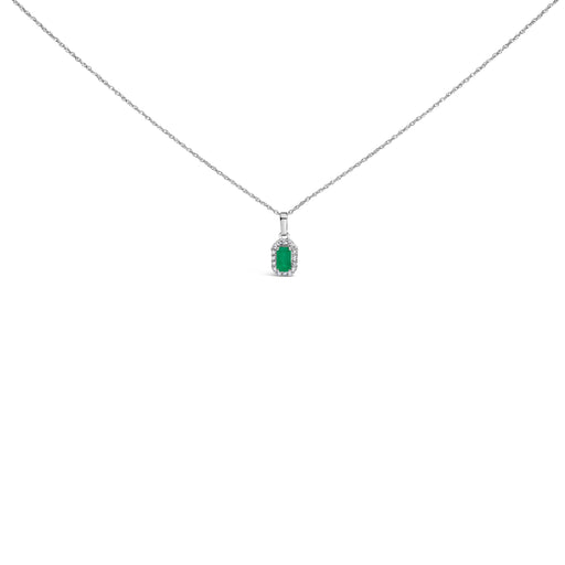Bids.com 10K White Gold 5x3mm Green Emerald and Diamond Accent Halo Octagonal Shape 18" Pendant Necklace (I-J Color, I1-I2 Clarity) Necklaces White Smoke White.Gold / 18 / Green Emerald