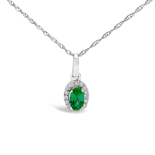 Bids.com 10K White Gold 5x3mm Green Emerald and Diamond Accent Halo Oval Shape 18" Pendant Necklace (I-J Color, I1-I2 Clarity) Necklaces White Smoke White.Gold / 18 / Green Emerald