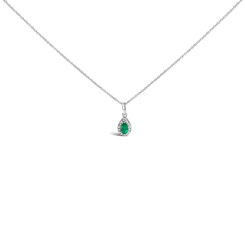 Bids.com 10K White Gold 5x3mm Green Emerald and Diamond Accent Halo Pear Shape 18" Pendant Necklace (I-J Color, I1-I2 Clarity) Necklaces White Smoke White.Gold / 18 / Green Emerald