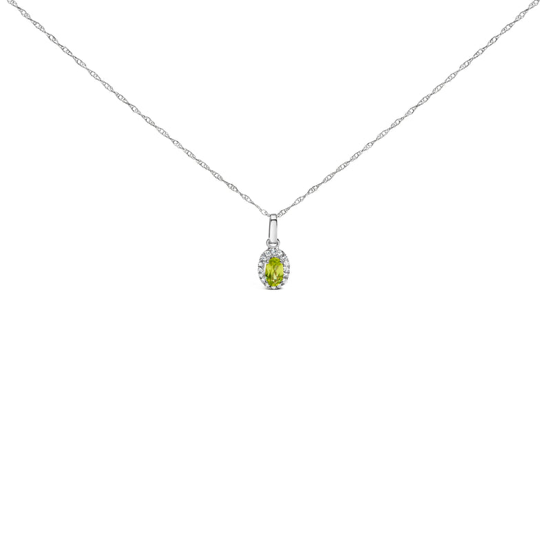 Bids.com 10K White Gold 5x3mm Green Emerald and Diamond Accent Halo Oval Shape 18" Pendant Necklace (I-J Color, I1-I2 Clarity) Necklaces White Smoke White.Gold / 18 / Green Peridot